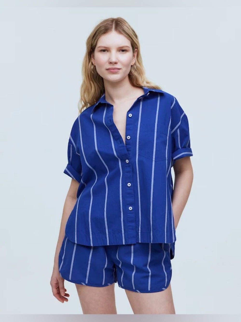 Madewell Oversized Boxy Button-Up Shirt & Shorts Set in Signature Poplin Blue